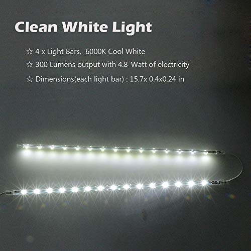 LED Display Light Bar Kit - (4) 16inches Plug-in Linkable Strip Lights for Large Display Cabinet - Series + Parallel Connection - White 6000K | 6000K White Ultra Thin Light Bar for Curio Cabinet, Bookshelf, Store Display Case. End-to-End Linkable, Low Hea