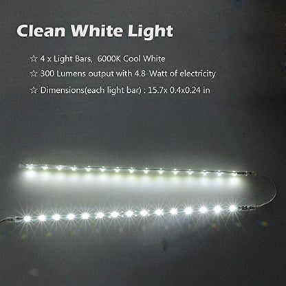 LED Display Light Bar Kit - (4) 16inches Plug-in Linkable Strip Lights for Large Display Cabinet - Series + Parallel Connection - White 6000K | 6000K White Ultra Thin Light Bar for Curio Cabinet, Bookshelf, Store Display Case. End-to-End Linkable, Low Hea