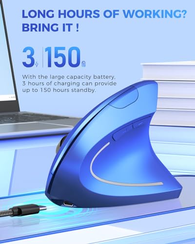 Lekvey Ergonomic Mouse, Vertical Wireless Mouse Rechargeable 2.4G USB Optical Carpal Tunnel Mice : 3 DPI 800/1200/1600 Levels 6 Buttons, for Laptop, PC, Mac, Computer, Desktop, Notebook etc, Blue - color: Blue