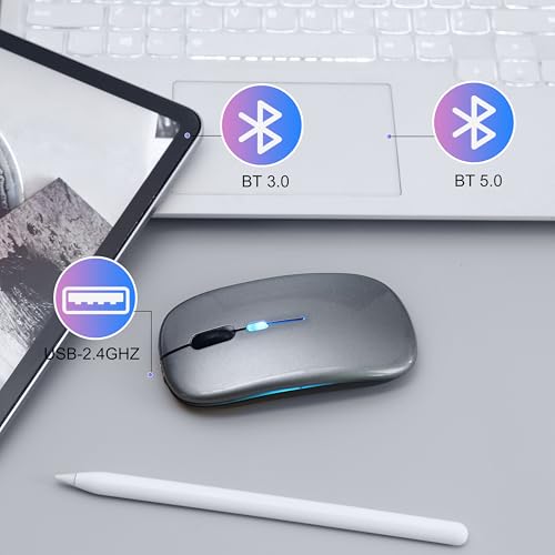 Wireless Bluetooth Mouse, Rechargeable Computer Mouse, Grey | Dual Mode - BT5.2 & 2.4G,Long Lasting,Silent RGB LED Mice,Slim Portable Mouse for Laptop,PC,Tablet,MacBook,iPad,Apple Devices - color: Grey