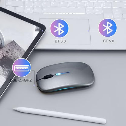 Wireless Bluetooth Mouse, Rechargeable Computer Mouse, Grey | Dual Mode - BT5.2 & 2.4G,Long Lasting,Silent RGB LED Mice,Slim Portable Mouse for Laptop,PC,Tablet,MacBook,iPad,Apple Devices - color: Grey