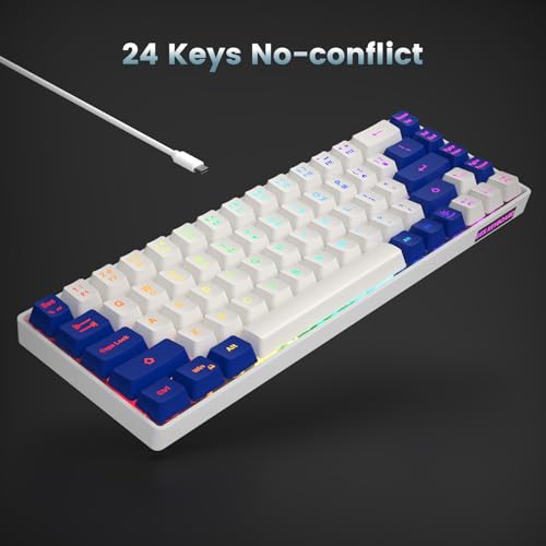 GEODMAER 65% Gaming Keyboard, LED Backlit Mini Wired Keyboard, Ultra-Compact Anti-Ghosting No-Conflict 68 Keys Membrane Gaming Wired Keyboard for PC Laptop Windows Gamer(White-Blue) - color: White-Blue