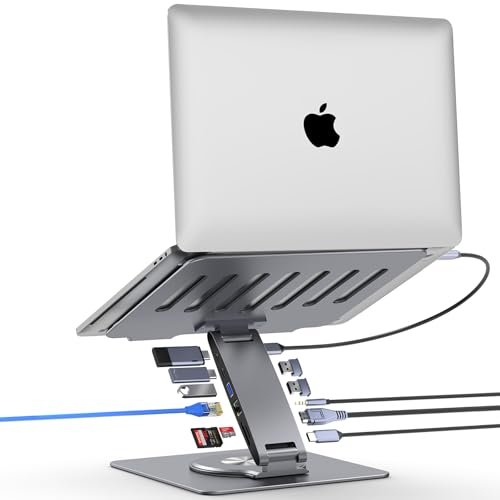 Adjustable Laptop Stand for Desk with Docking Station 11-in-1, Aluminum Laptop Riser with USB Hub 360°Swivel Dual Display 4K60Hz HDMI Gigabit Ethernet USB3.0 PD100W for MacBook Pro Air/Dell/HP 7-15.6" - size: 11-in-1 Hub Laptop Stand