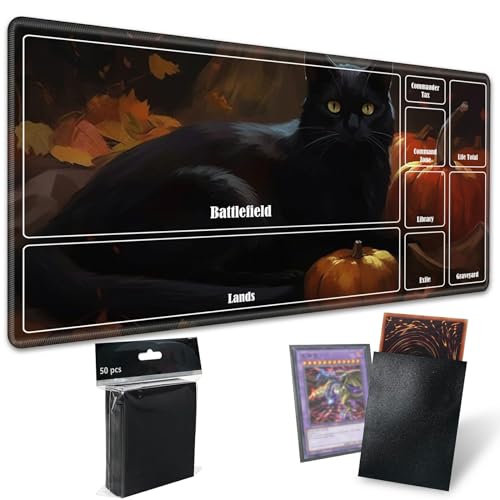 Board Game Mat TCG Playmat Plus 50 Pcs Card Sleeves, 24 x 14 inches Table Mats Games Mousepad with Zones Smooth Surface for MTG RPG CCG Trading Card Game Play Mats, Black Cat Pumpkin - color: Black Cat Pumpkin, size: Zone 1