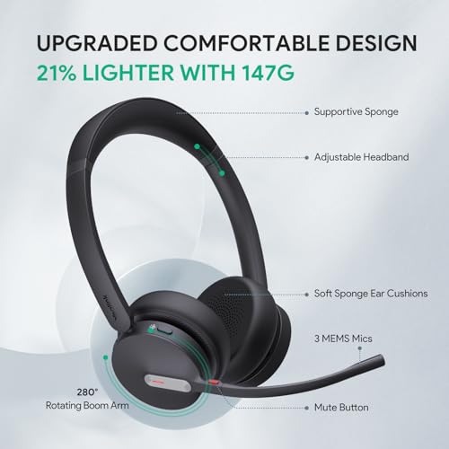 Yealink BH70 Wireless Bluetooth Headset with Microphone for Work, up to 35h Talking Battery Life, 3-Mic, 147g Lightweight Microsoft Teams Certified Headphone for Open Office, USB-C to A - color: Black (Teams), style: Dual (USB-C to A)