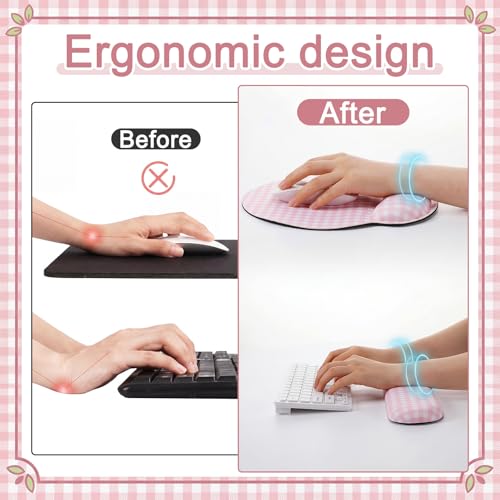 Tellegloww Wrist Rest Support for Mouse Pad&Keyboard Set, Pink Gingham Checkered Circle Curved Ergonomic Mousepad&Coaster Non-Slip Base Design for Office Home Laptop Desktop Computer Keyboard - color: Pink