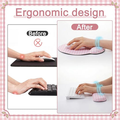 Tellegloww Wrist Rest Support for Mouse Pad&Keyboard Set, Pink Gingham Checkered Circle Curved Ergonomic Mousepad&Coaster Non-Slip Base Design for Office Home Laptop Desktop Computer Keyboard - color: Pink