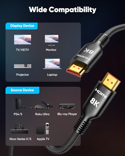Highwings Ultra High Speed 8K HDMI Cable 3.3FT, 2.1 48Gbps Flexible HDMI | Braided Cord-8K@60Hz 4K@120Hz DTS:X,HDCP 2.2 & 2.3, HDR 10,eARC,Compatible for Stream Media, HDTV, Ethernet, SoundBar - size: 3.3 feet