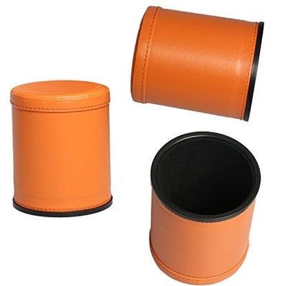 Felt Lined Dice Cup Set Orange PU Leather Dice Rolling Cup with 5 Standard Dot Dices Quiet Shaker for Farkle Yahtzee Bar Party Family Games Play - color: Orange