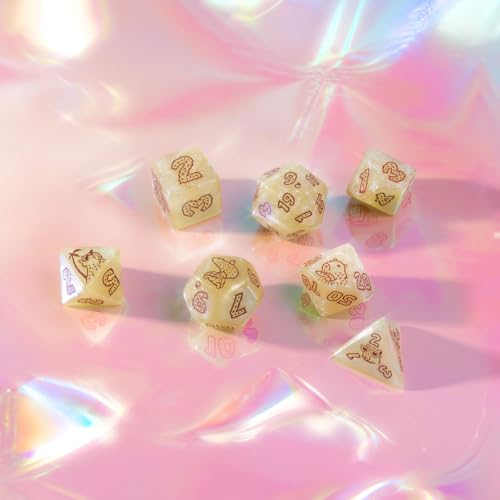 Q-Workshop Capybara Ornamented Dice Set Sleepie, Ages 14+ | RPG dice - 7 Piece Polyhedral Dice Set with Red Engraved Numbers, Cream Glitter Resin for DnD, Pathfinder & Tabletop