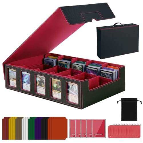 Red Trading Card Storage Box with Handle,5-Row Portable Game Case for 4000+ Cards, Leather Card Collection Case with Commander Display Window for MTG, Yugioh, and Sports Cards,Gifts for Card Collector - color: Red