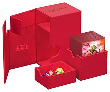Ultimate Guard Flip'n'Tray 80+, Deck Case for 80 Double-Sleeved TCG Cards + Dice Tray, Red, Independent Magnetic Closure & Microfiber Inner Lining - color: Red, size: 80+