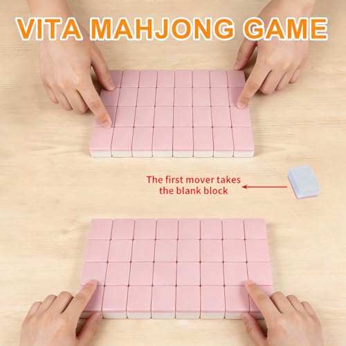 Vita Mahjong Game Set with Stickers, 65 Tiles DIY Plastic Mahjong Block Set, 2 Player Seaside Escape Push Tiles Game (Pink) - color: Pink