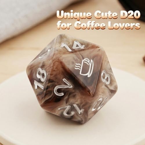 Haxtec Coffee DND Dice Set, 7-Piece Resin Polyhedral Dice for Table Games | Brown Latte RPG Dice with Velvet Pouch, D20 with Espresso Cup Icon, Compatible with Dungeons and Dragons, MTG Gifts - color: Coffee