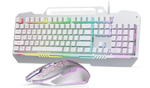 AULA Gaming Keyboard, T102 104 Keys Keyboard and Mouse Combo, USB Wired Computer Keyboards Mechanical Feel Full Size, RGB Backlit for PC/Laptop Gaming or Working/Office (White) - color: White Keycaps + Silver Panel