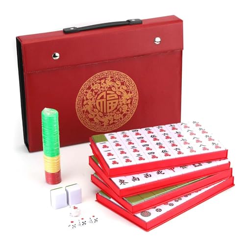 Mose Cafolo Traditional Chinese Mahjong Set – 144 Melamine 34mm Standard Size Tiles + 2 Spare Tiles, No Arabic Numerals, Travel Case, Complete Mahjong Game, Green - color: Green