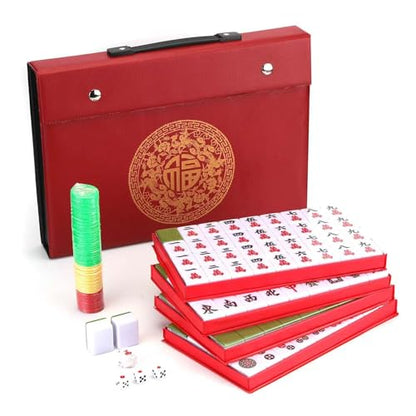 Traditional Chinese Mahjong Set 144 Melamine 34mm Tiles No Arabic Numerals | Standard 34mm green melamine tiles include 144 game tiles plus 2 spares and travel case for complete Mahjong Majiang game set - color: Green