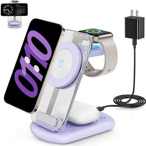 RYND 2026 Traveling Wireless Mag-Safe Fast Charging Station,Magnetic 3 in 1 Charger with Light for iPhone 16 15 14 13 12 Pro Max Plus,Apple Watch Series & Air pods 4 3 2 Pro-Gifts for Wife & Husband - color: Purple