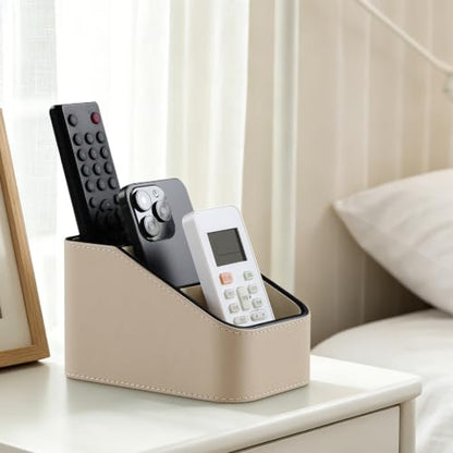 PU Leather Remote Control Holder, Small Desk Organizer Office Supply Bedside Caddy for Nightstand End Table Couch, Pen Remote Organizer with 3 Compartments (Beige) - color: Beige