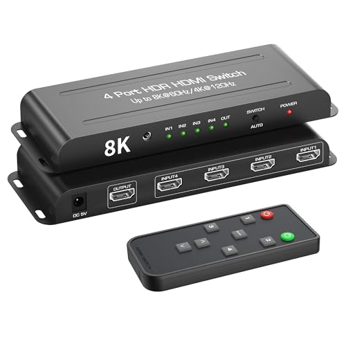 8K HDMI 2.1 Switch 4 in 1 Out, FERRISA 4K@120Hz HDMI Switcher Selector 4 Port with IR Remote Support 8K@60Hz, Auto Switch, HDCP 2.3, HDR 10+, VRR, CEC for Xbox, PS5, Fire Stick, Projector