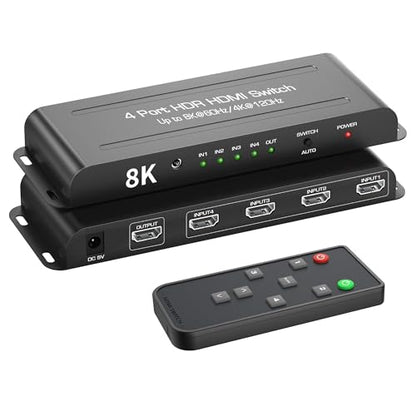 8K HDMI 2.1 Switch 4 in 1 Out, FERRISA 4K@120Hz HDMI Switcher Selector 4 Port with IR Remote Support 8K@60Hz, Auto Switch, HDCP 2.3, HDR 10+, VRR, CEC for Xbox, PS5, Fire Stick, Projector