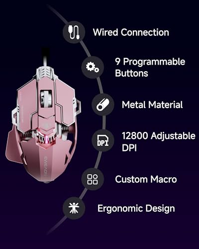 EWEADN G5 Wired Gaming Mouse with Adjustable Tail, 12800 DPI Programmable Computer Mouse with RGB Backlit, 9 Macro Buttons, Rapid Fire Key & Aluminum Base Ergonomic PC Mice for Laptop, PC-Pink - color: Pink