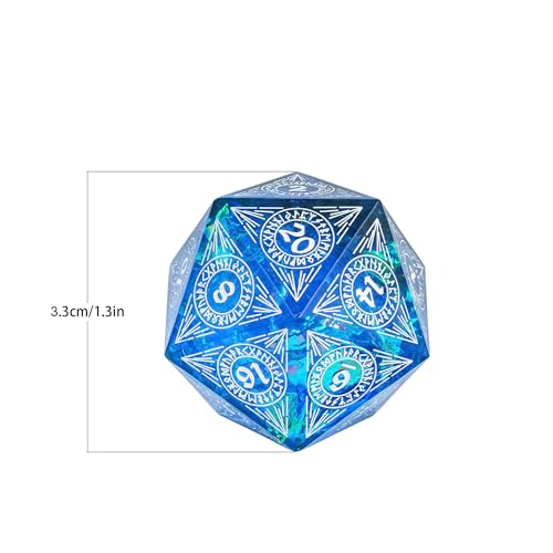 Cusdie Single D20 DND Dice with Sharp Edges and Glitter Foil Inclusions, 20 Sided D&D Dice, 33mm Handcrafted Polyhedral Dice, for Role Playing Game (Blue w/White Pattern) - color: Blue W/White Pattern