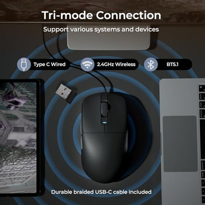 RK ROYAL KLUDGE RK M30 Wireless Gaming Mouse, 24000 DPI, 43g Ultra-Lightweight, PAW3311 Sensor, 2.4G/Bluetooth/USB-C Rechargeable Wireless Mouse with 5 Programmable Buttons for PC/Mac, Black Grey - color: black grey