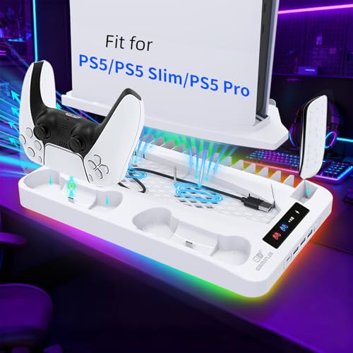 Cooling Station for Ps5/Slim/Pro Disc & Digital Playstation 5 Vertical Stand Organizer with Dual Controller Charger,16 Game Slots,7 Rgb,,3 Usb Ports,Headset & Remote Holder (White) - color: White