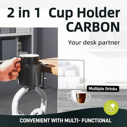 Luxury 2-in-1 Anti-Spill Cup Holder with Under Desk Headphone Hanger (Racing Carbon Edition) - color: RACING CARBON EDITION