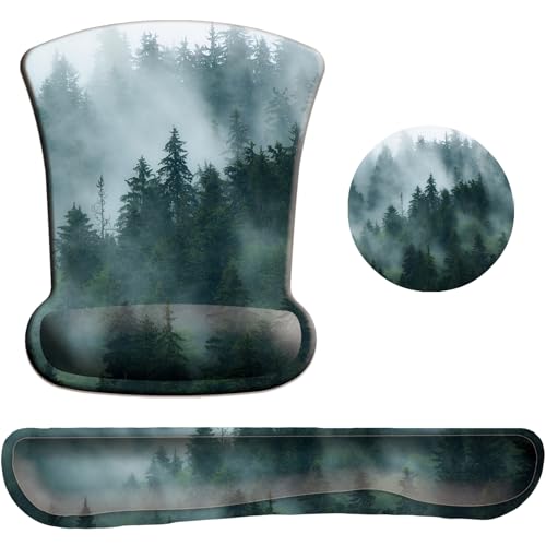 Keyboard Wrist Rest Pad Mouse Pad with Wrist Support Set of 3, Gaming Mousepad with Non-Slip Rubber Base, Ergonomic Memory Foam Mouse Cushion Support for Home Office Laptop Computer, Forest - color: S-forest