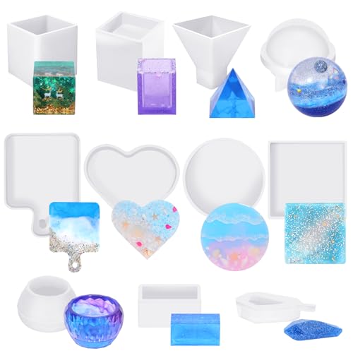 KISREL Resin Molds Kit 12PCS, Epoxy Resin Silicone Molds, Resin Mold Including Cube, Pen Container, Pyramid, Tray, Love, Round, Square, Ball, Flowerpot, Cuboid, Crystal - size: Various Resin Molds - 12pcs