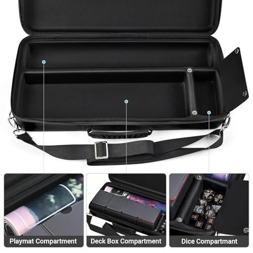 Playmat & Deck Box Carrying Case With 4 Deck Boxes, Rigid, Black | 3 compartments for playmat, deck box & dice. Fits 14"-16" playmats. Adjustable shoulder strap & handle included. - color: Black, size: Case