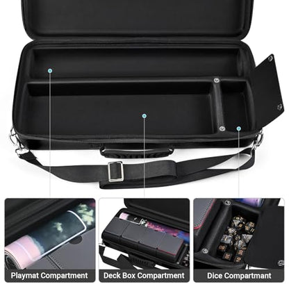 Playmat & Deck Box Carrying Case With 4 Deck Boxes, Rigid, Black | 3 compartments for playmat, deck box & dice. Fits 14"-16" playmats. Adjustable shoulder strap & handle included. - color: Black, size: Case