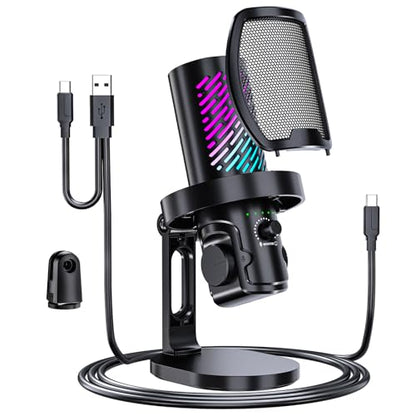 RGB USB Gaming Microphone for PC, Streaming & Podcast, Cardioid Condenser Mic with Noise Reduction, Touch Mute, Headphone Monitoring, Gain Control, Plug & Play for Mac Phone