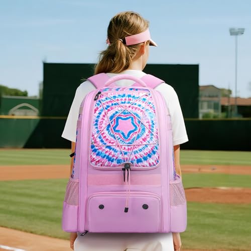 KAVIGOR Baseball Bag for Youth | Softball Backpack 50L Large Capacity with Shoe Compartment and 4 Bat Holders | Nova Flare Series - color: Pink