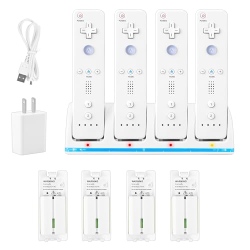 4 in 1 Wii Remote Charger,Charging Station with 4 Pack 2800mAh Rechargeable Battery,Plugs,USB Cable for Wii/Wii U Remote Controller (White) - color: White