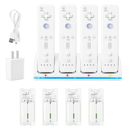 4 in 1 Wii Remote Charger,Charging Station with 4 Pack 2800mAh Rechargeable Battery,Plugs,USB Cable for Wii/Wii U Remote Controller (White) - color: White