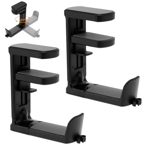 2pcs Under Desk Headphone Hanger Holder Utility Hook 360° Rotating Adjustable Clamp-on Earphone Hook Holder Mount Cable Clip Organizer Fit for PC Gaming Office Headset Hanger Gift (Black) - color: Black