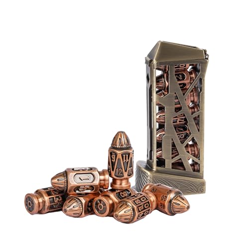 UDIXI Metal DND Bullet Dice Set, 7PCS D&D Metal Polyhedral Dice Set Copper | Cool Design, Magazines Container and PU Leather Bag, for Dungeons and Dragons Role Playing Games and Tabletop Games RPG - color: Ancient Copper