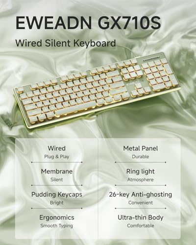 SEUNKWANG EWEADN GX710S Backlit Computer Keyboards, Wired USB Keyboard with Warm Backlit, Metal Panel, Plug and Play, Pudding Keycaps Full Size Quiet Computer Keyboard for Win/PC/Laptop-Green - color: Green