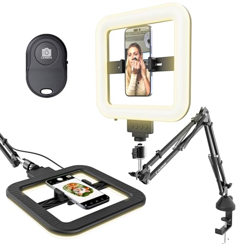 Upgrade Ring Light Overhead Phone Mount, LED Desk Ring Light with Clamp for Video Recording,Flexible Articulating Phone Arm Stand Compatible with iPhone,Live Streaming YouTube Tiktok - color: Black (with Light）