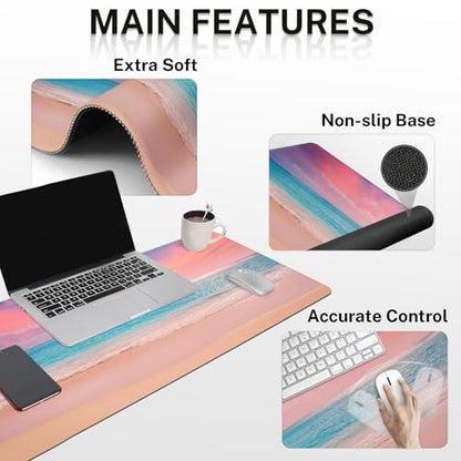 Arttown Pink Blue Sky Desk Mat Turquoise Ocean Mouse Pad Set 4 in 1 Dusk Beach Ergonomic Design Large Desk Pad + Keyboard Wrist Rest + Mouse Wrist Rest + Coaster Suitable for Home Office Study Game - color: Pink Blue Sky