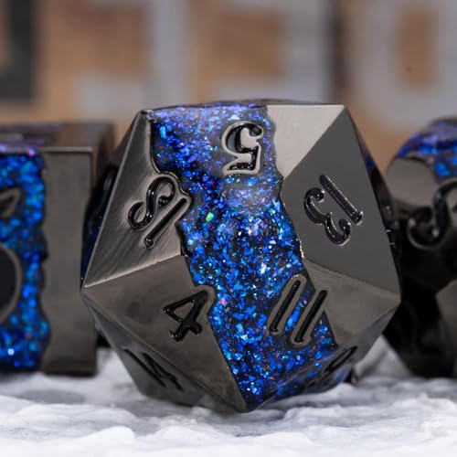 Unique Galaxy Metal DND Dice Set, 7PCS Polyhedral RPG Dice with Glitter River Design for Dungeons and Dragons Tabletop Games - color: Antique Nickel Dark Blue