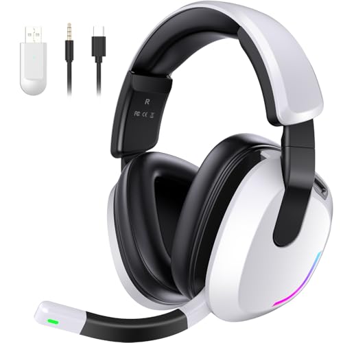 BENGOO 60H Wireless Gaming Headset with RGB Lights for PS5 PS4 PC | 7.1 Surround Sound, Noise Cancelling Mic, Bluetooth 5.4, Memory Foam Ear Cushions, Compatible with Switch Mac - color: White