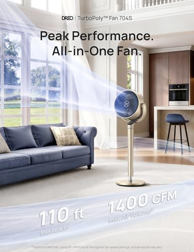 Dreo Pedestal Fan with Smart Control, 43'' Inches, 150°+120° Omni-Directional Oscillating Quiet Fans for Bedroom, 110ft Circulator Fan with DC Motor, 9 Speeds, 6 Modes, 12H Timer, Wi-Fi/Voice/Alexa - color: Gold