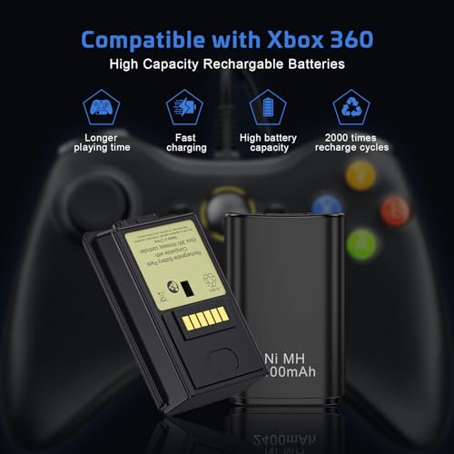 KEKUCULL Rechargeable Battery for Xbox 360 Controller, Charger Dual Charging Station Dock with 2 Pack Rechargeable Battery Compatible with Xbox 360 - color: Black