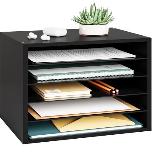 Ballucci 5 Tier Paper Organizer Letter Tray, Wood Desk File Organizer with Adjustable Shelves, Home Office School Letter/A4 Mail Sorter Magazine Holder - Black - color: Black, size: 5 Tier Standard