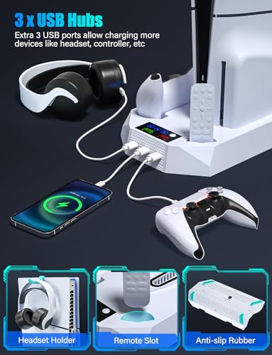 Cooling Station for PS5/PS5 Slim with Dual Controller Charger, Vertical Cooling Stand for PlayStation 5 Slim with Remote Charging Dock, Accessories Charger kit for PS5 Pro with Cooler Fan, USB Hubs