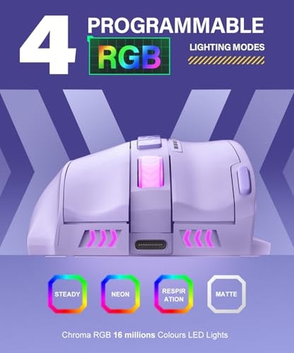UtechSmart Venus Pro Wireless MMO Gaming Mouse, 16,000 DPI Optical Sensor, Wired/Wireless Dual Modes, 16M Chroma RGB Lighting, 16 Programmable Buttons, Ergonomic Design, Up to 70H, Purple - color: Purple